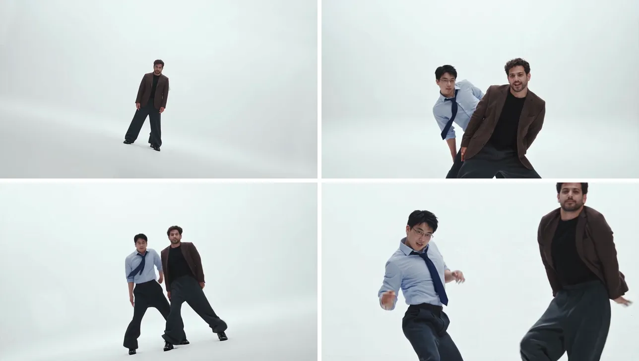 Four frames from a finished A2O LITE NEON AI dance video: solo opening, the second dancer appearing from behind, dancing side by side, and the closing close-up