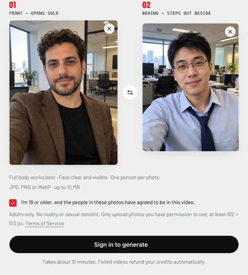The A2O LITE NEON AI generator with a photo in the Front slot and a photo in the Behind slot, and the consent box ticked
