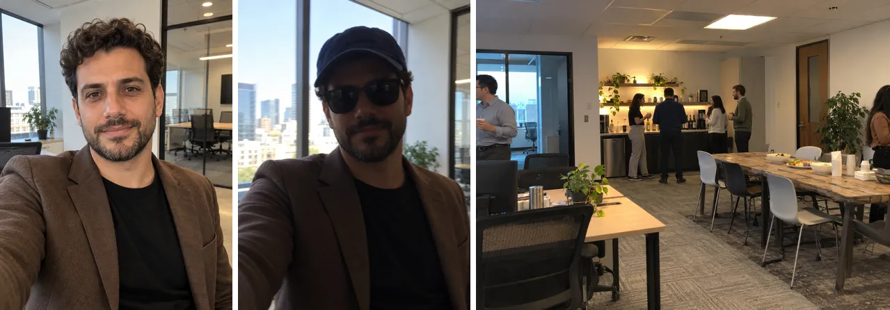 Left: a clear, front-facing selfie that works well. Middle: sunglasses and a cap hide the face. Right: a group photo where every face is too small