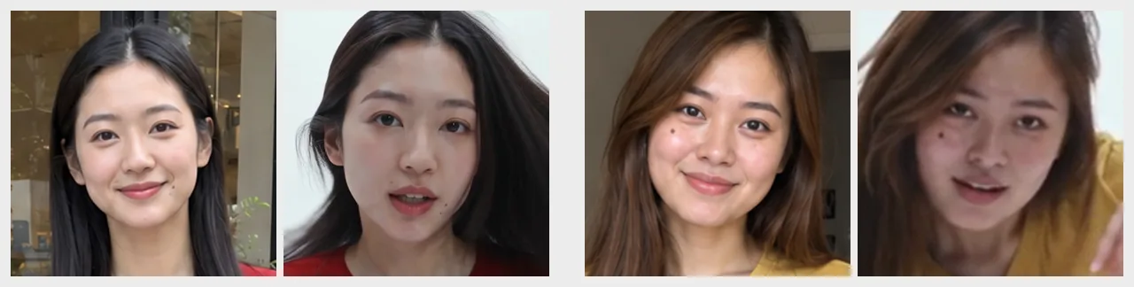Each friend's face in her photo next to her face in the video. The friend in red has the same mole by her mouth; the friend in yellow has the same mole under her eye