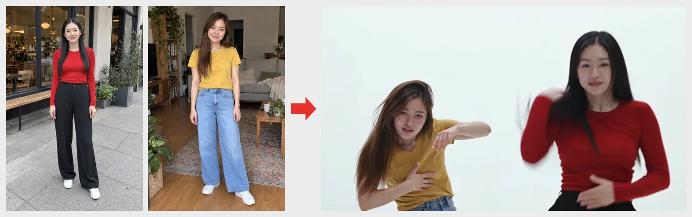 Left: a woman in a red top and black trousers outside a café, and a woman in a yellow T-shirt and light-blue jeans at home. Right: a frame of the video made from those two photos, with both women dancing in a white studio in the same clothes