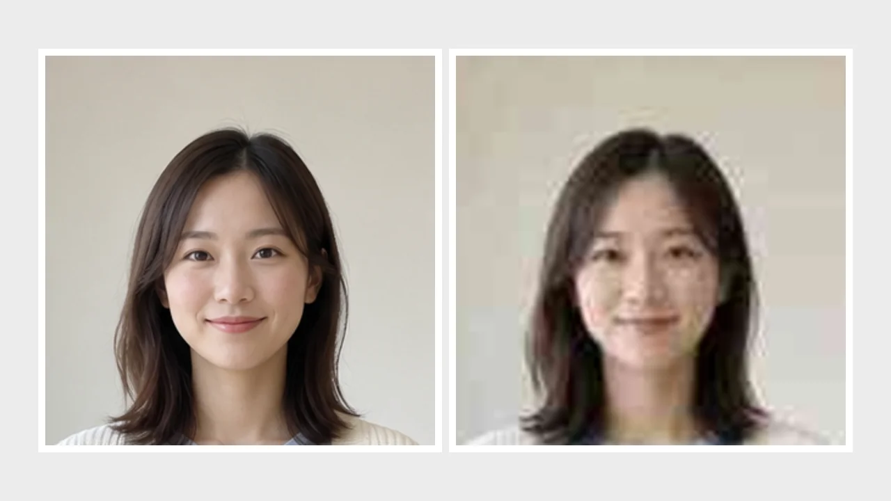 같은 얼굴 두 장: 왼쪽은 선명한 원본, 오른쪽은 메신저로 여러 번 전달된 것처럼 줄이고 다시 압축해서 흐리고 뭉개진 사진