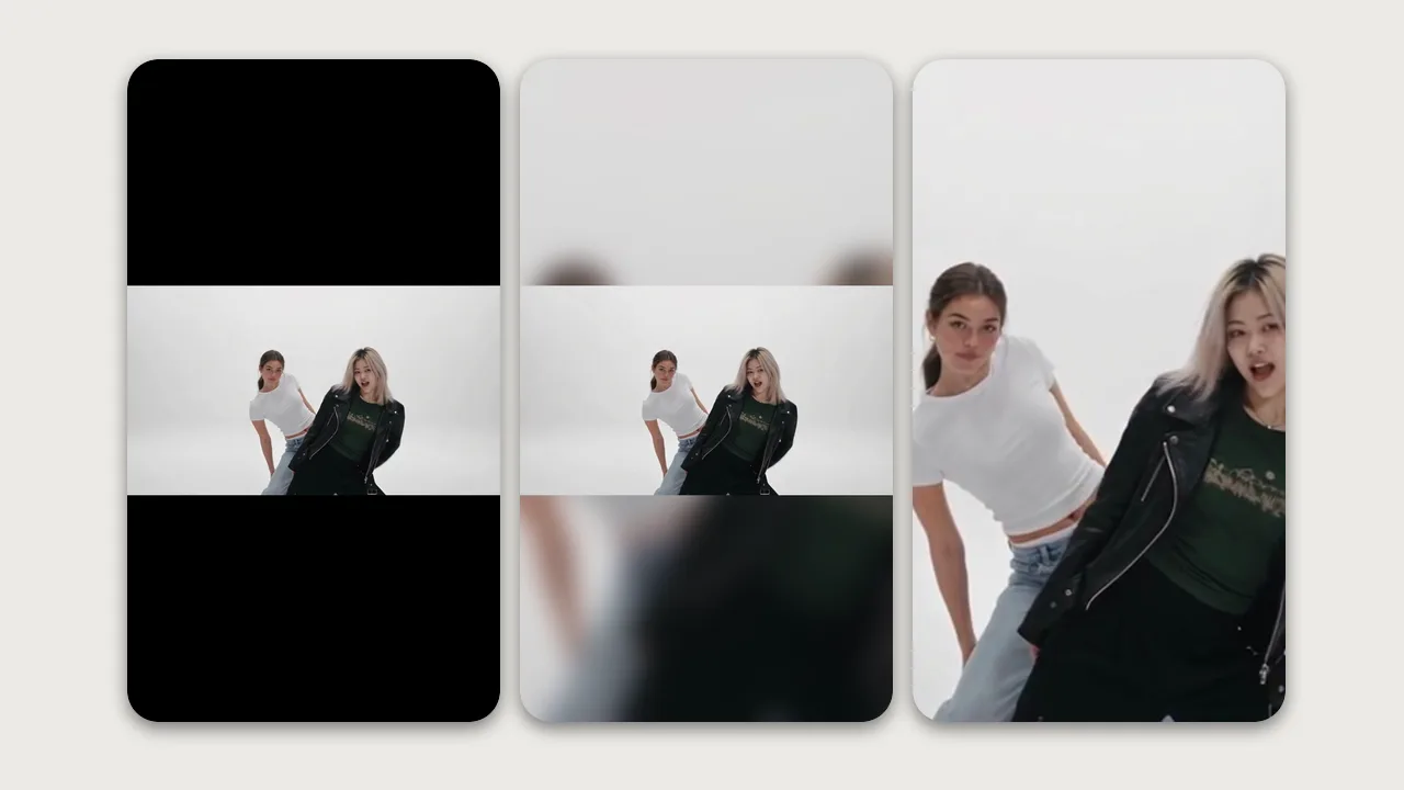 같은 NEON AI 댄스 장면을 9:16 휴대폰 화면 세 개에 넣은 모습: 위아래 검은 여백, 흐린 배경 위에 원본, 화면을 채우도록 자른 버전
